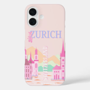 Zurich Travel Art, Schweiz, Rosa Retro Travel iPhone 16 Hülle