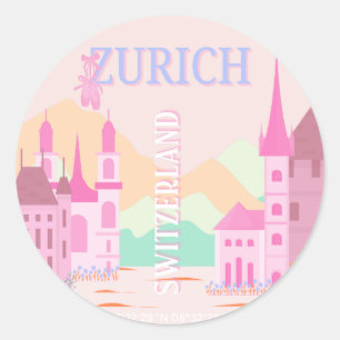 Zurich Travel Art, Schweiz, Rosa Retro Travel Runder Aufkleber