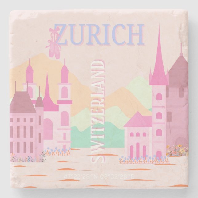 Zurich Travel Art, Schweiz, Rosa Retro Travel Steinuntersetzer (Vorderseite)