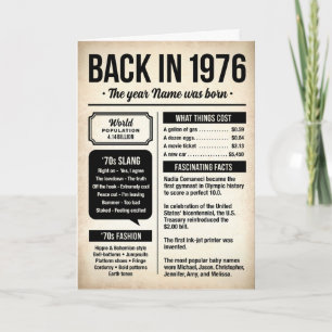 Zurück im Jahr 1976, 50. Geburtstag Fun Facts Kart Karte