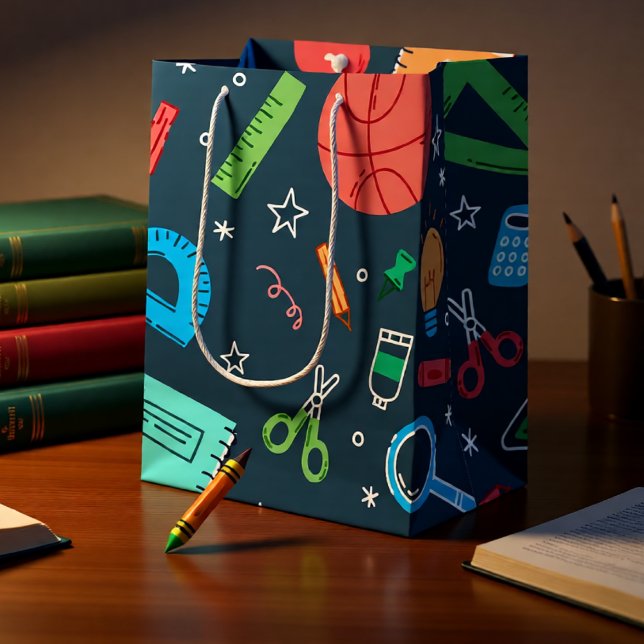 Zurück zu den blauen Vorräten der Schule Mittlere Geschenktüte (Back to School Blue School Supplies Pattern Medium Gift Bag)