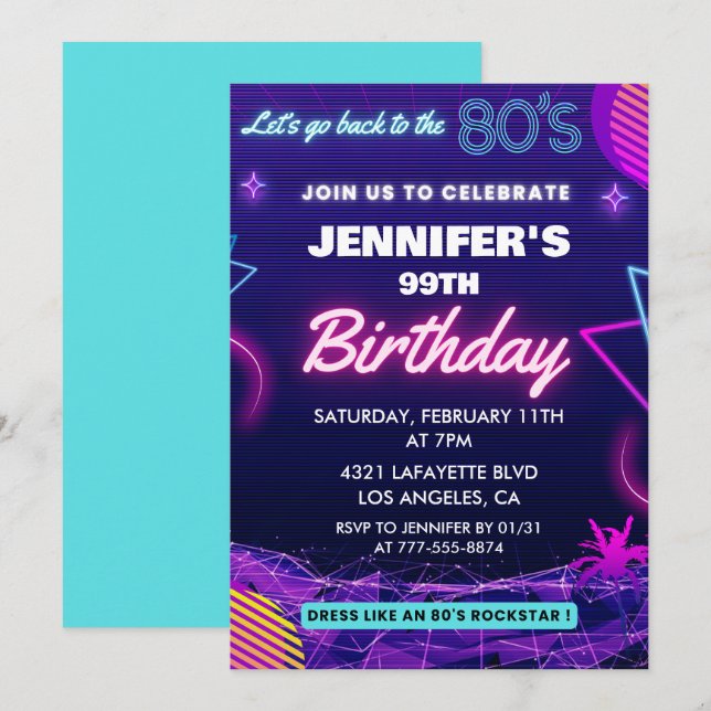 Zurück zum 80er Party - Einladungen zum 99. (Vorne/Hinten)