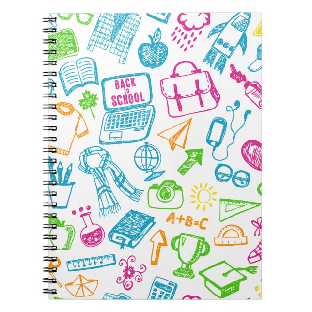 Zurück zum SchulNotebook Notizblock (Dynamic overhead shot: A colorful notebook filled with back-to-school doodles.)