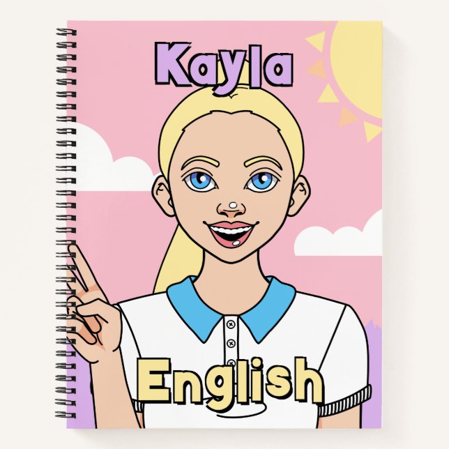 Zurück zur Schule Blonde Pink Cartoon Girl Thema Notizbuch (Vorderseite)