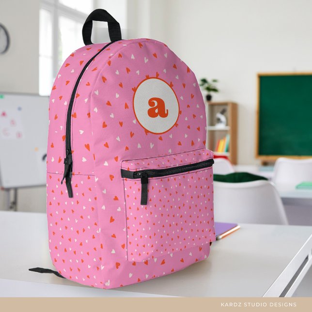 Zurück zur Schule Girl Pink Hearts Initial Bedruckter Rucksack (Von Creator hochgeladen)