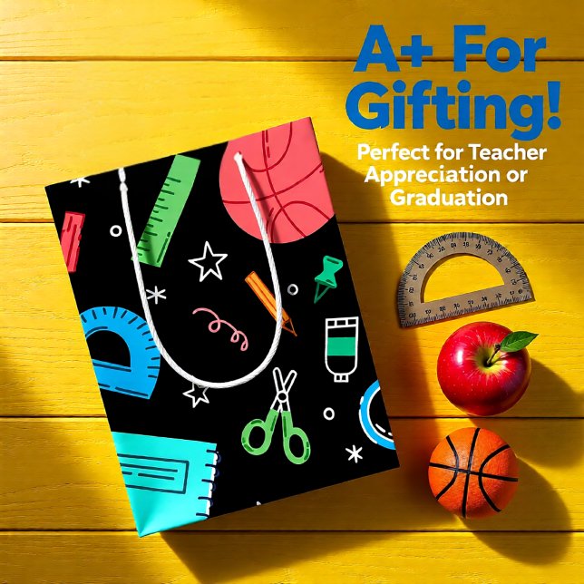 Zurück zur Schule schwarze Vorräte mittlere Gesche Mittlere Geschenktüte (Colorful School Supplies Doodle Back-to-School Medium Gift Bag)