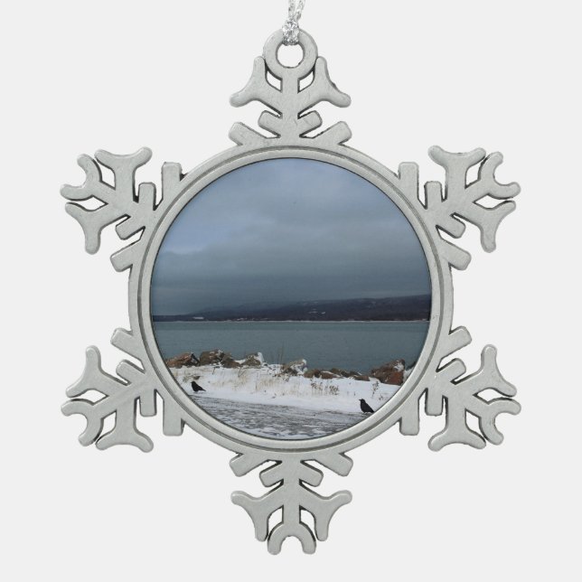 Zusammen Braving den Sturm Schneeflocken Zinn-Ornament (Vorderseite)