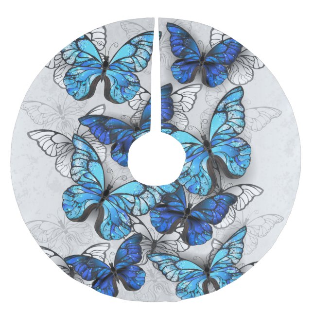 Zusammensetzung von White und Blue Butterflies Polyester Weihnachtsbaumdecke (Vorderseite)