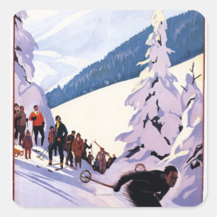 Zuschauer beobachten Skifahrer Poster Quadratischer Aufkleber