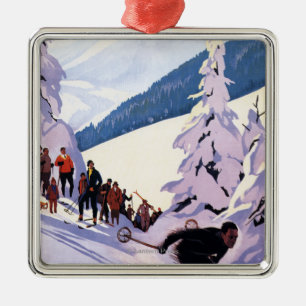 Zuschauer, die Skifahrer-Plakat aufpassen Silbernes Ornament