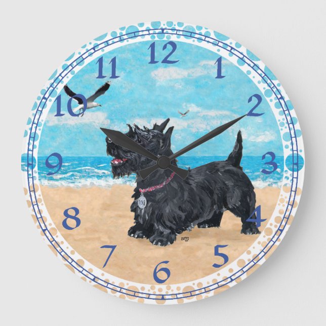 ZUSTIERTE Scottish Terrier Beach Clock Große Wanduhr (Vorderseite)
