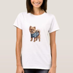 Zutraulicher Pomeranian-Hund mit blauen Renntierge T-Shirt