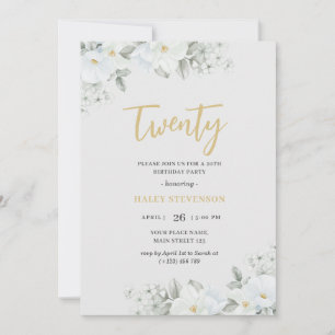 Zwanzig Weiß & Gold Elegantes Weißes Florales Gebu Einladung