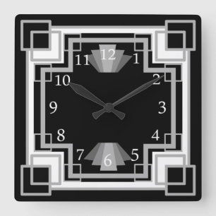 Zwanzigerjahre Kunst-Deko-graues u. schwarzes Quadratische Wanduhr