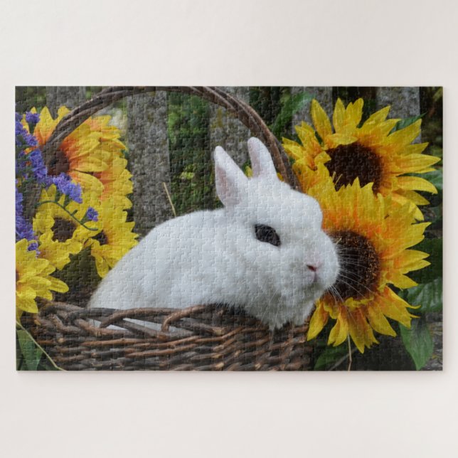 Zwarf Hotot Bunny Rabbit mit Sonnenblumen Puzzle (Horizontal)