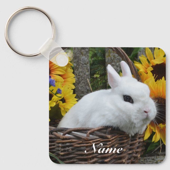 Zwarf Hotot Bunny Rabbit mit Sonnenblumen Schlüsselanhänger (Vorderseite)