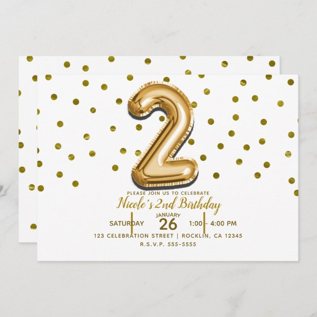 Zwei 2 Goldballon & Confetti 2. Geburtstag Party Einladung (Vorne/Hinten)