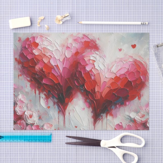 Zwei Abstrakte Herz-Malerei Valentine Decoupage Seidenpapier (Handwerk)