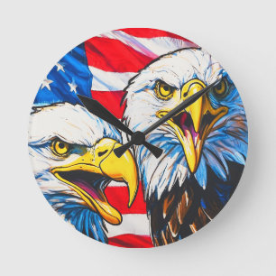 Zwei Adler im Gespräch - US-Flagge und Weißkopfadl Runde Wanduhr