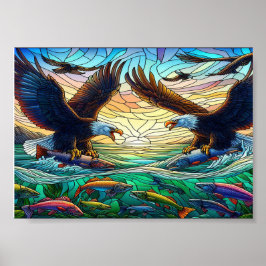 Zwei Adler mit Balden fangen Fisch über Wasser 7"x Poster