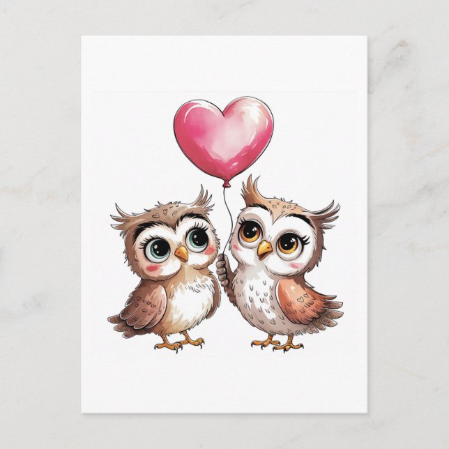 Zwei Adorable Owls mit Herzballon Postkarte (Vorderseite)