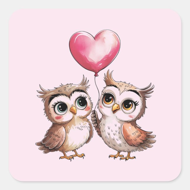 Zwei Adorable Owls mit Herzballon Quadratischer Aufkleber (Vorderseite)