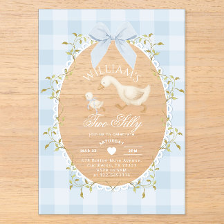 Zwei alberne Gans Blau Gingham 2. Geburtstag Acryleinladungen