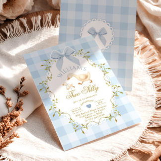 Zwei alberne Gans Blau Gingham Junge 2. Geburtstag Einladung