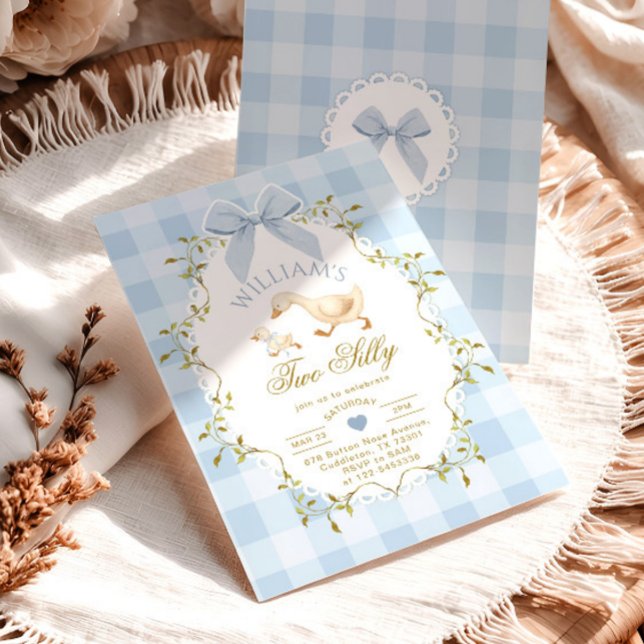 Zwei alberne Gans Blau Gingham Junge 2. Geburtstag Einladung (Von Creator hochgeladen)