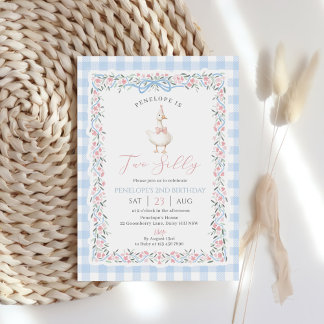 Zwei alberne Gans Blau Gingham Mädchen 2. Geburtst Einladung