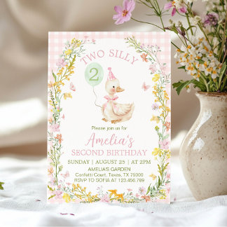 Zwei alberne Gans Floral Rosa Gingham Mädchen Gebu Einladung