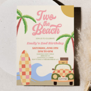 Zwei am Strand Surfen Rosa Retro 2. Geburtstagsfei Einladung