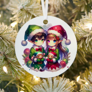 Zwei Anime Elves   Niedliche Weihnachten Ornament Aus Metall