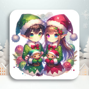 Zwei Anime Elves   Niedliche Weihnachten Quadratischer Aufkleber