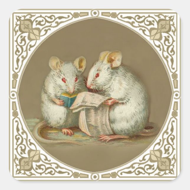 Zwei anthropomorphe weiße Mäuse Reading Quadratischer Aufkleber (Vorderseite)