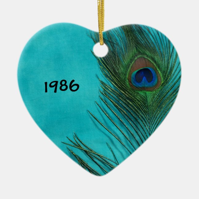 Zwei Aqua Peacock Feathers Keramikornament (Vorne)