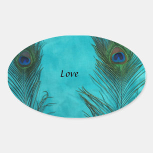 Zwei Aqua Peacock Feathers Ovaler Aufkleber