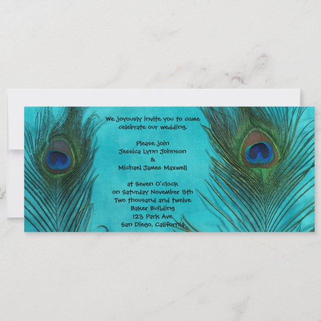 Zwei Aqua Peacock Federn Einladung Hochzeit (Vorderseite)