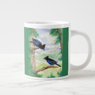 Zwei Aquarell-Stellar-Jay-Vögel Wald Bäume Jumbo-Tasse