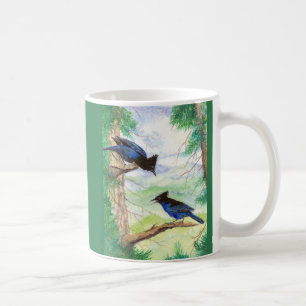 Zwei Aquarell-Stellar-Jay-Vögel Wald Bäume Kaffeetasse