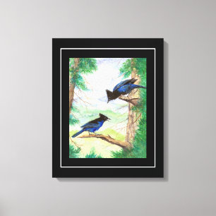 Zwei Aquarell-Stellar-Jay-Vögel Wald Bäume Leinwanddruck