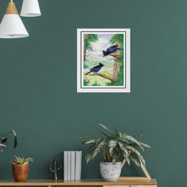 Zwei Aquarell-Stellar-Jay-Vögel Wald Bäume  Poster (Wohnzimmer 1)