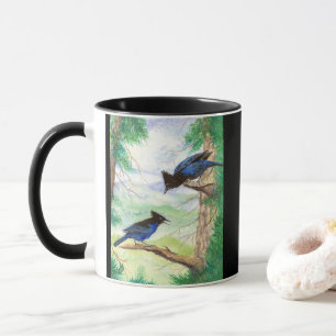 Zwei Aquarell-Stellar-Jay-Vögel Wald Bäume Tasse