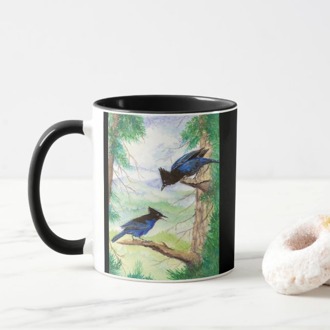 Zwei Aquarell-Stellar-Jay-Vögel Wald Bäume  Tasse (Mit Donut)