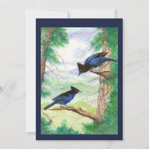Zwei Aquarellbäume Stellar Jay Birds Forest Trees  Karte