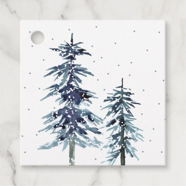 Zwei Aquarellfarben Winter Pine Trees 2 Geschenket Geschenkanhänger (Vorderseite)