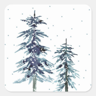 Zwei Aquarellkiefern Winter Pine Trees 2 Quadratischer Aufkleber