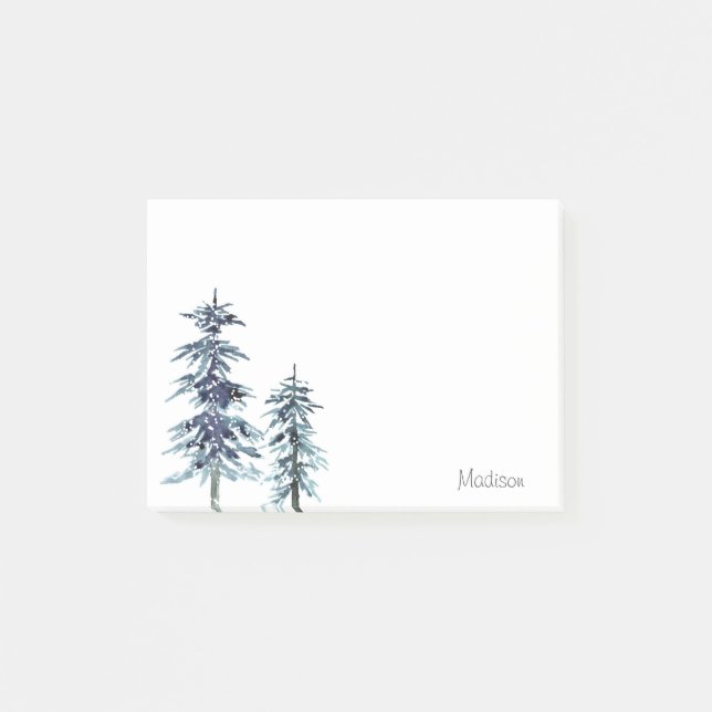 Zwei Aquarellkiefern Winter Pine Trees Post-it Klebezettel (Vorderseite)