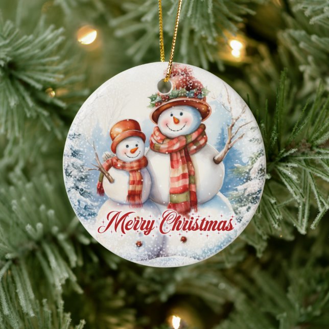 Zwei Aquarellschneemann im Schnee Keramik Ornament (Baum)