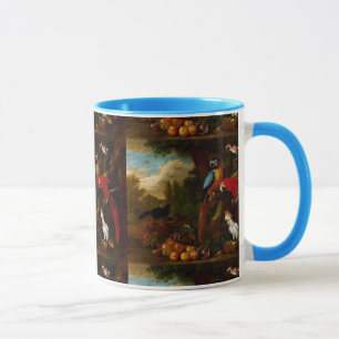 Zwei Aras, ein Kakadu und ein Eichelhäher mit Früc Tasse